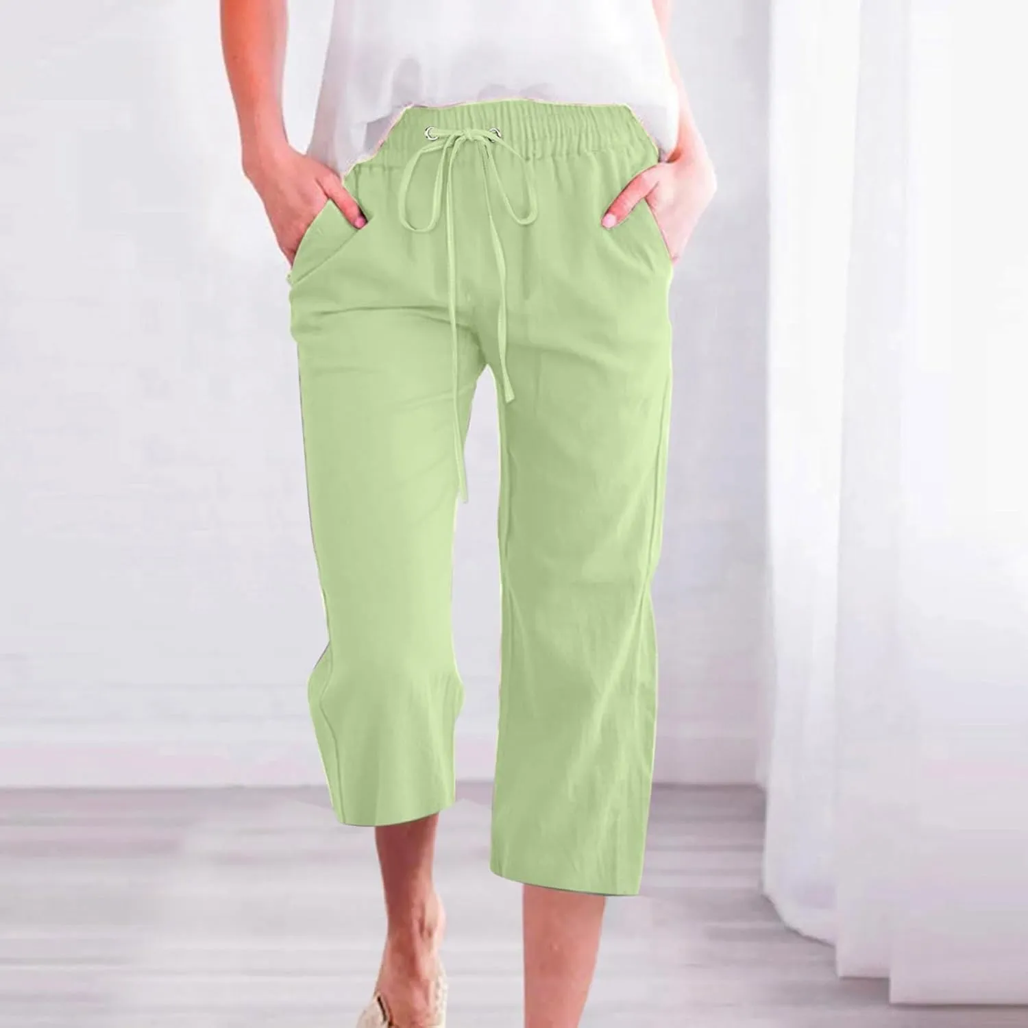Women Linen Capri Pants Summer Boho Pants Drawstring Elastic Trousers Comfy Straight Leg Long with Pockets
