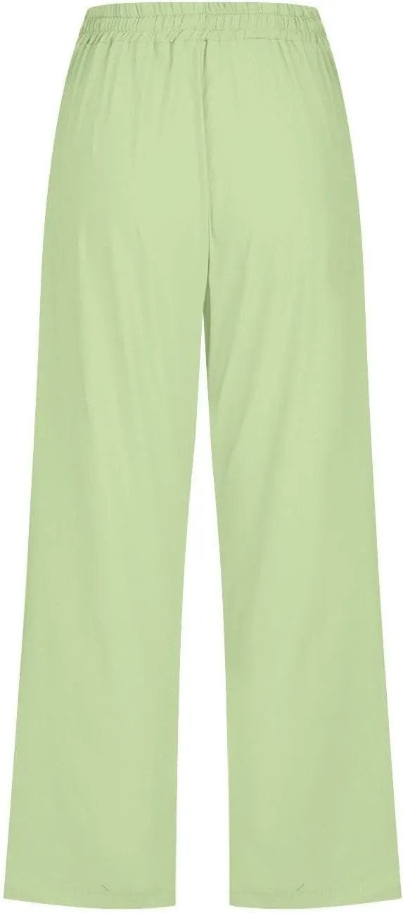 Women Linen Capri Pants Summer Boho Pants Drawstring Elastic Trousers Comfy Straight Leg Long with Pockets