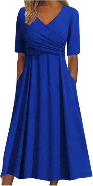 Women's Boho Floral Flowy A Line Midi Dress Casual Loose Summer Short Sleeve Beach Vacation Dresses with Pockets, X-Large, Zd-blue