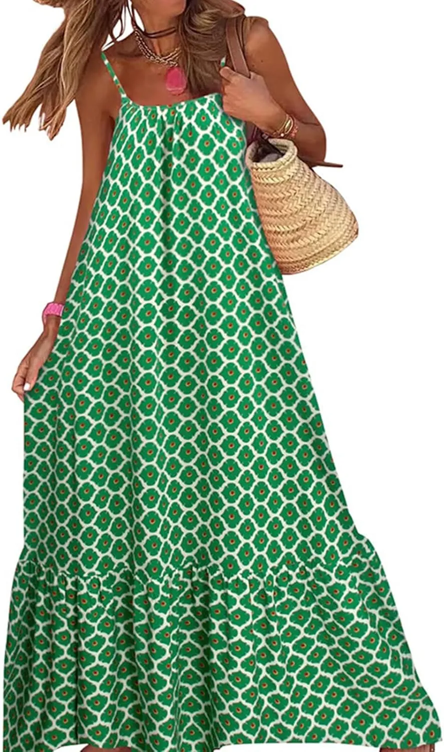 Womens Boho Tank Dress Spaghetti Strap Sleeveless Scoop Neck Maxi Dresses Summe Floral A Line Smocked Ruffle Dress