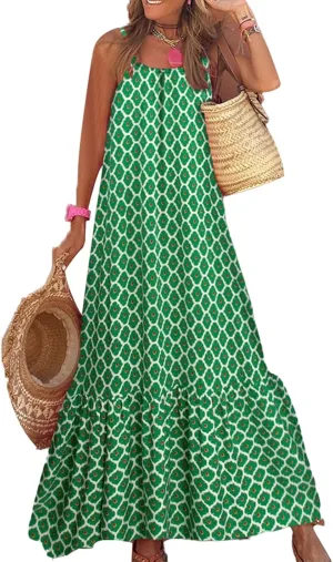 Womens Boho Tank Dress Spaghetti Strap Sleeveless Scoop Neck Maxi Dresses Summe Floral A Line Smocked Ruffle Dress
