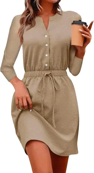 Women's Fall Trendy Long Sleeve Button Solid Elegant V-Neck Dress Plus Size