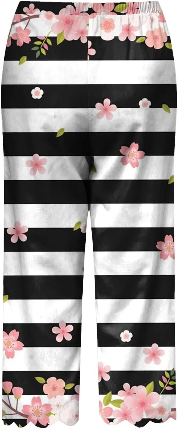 Womens Linen Capri Pants 2024 Summer Casual High Waist Drawstring Elastic Boho Floral Print Wide Leg Cropped Trousers