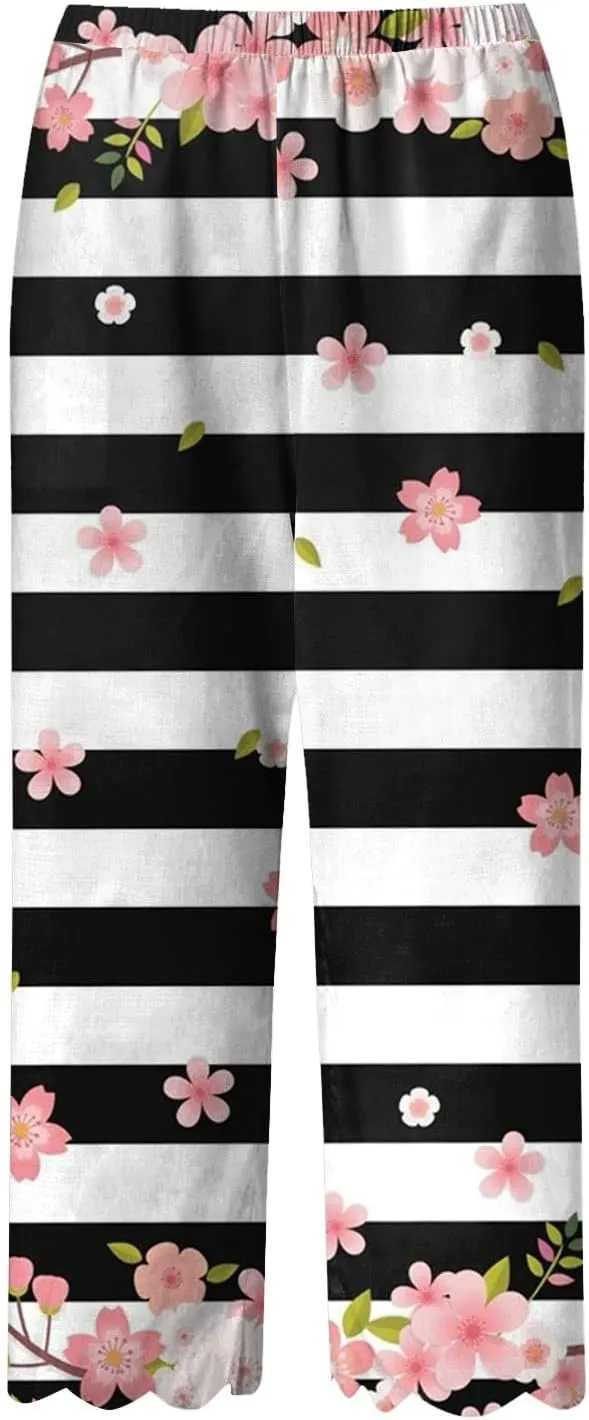 Womens Linen Capri Pants 2024 Summer Casual High Waist Drawstring Elastic Boho Floral Print Wide Leg Cropped Trousers