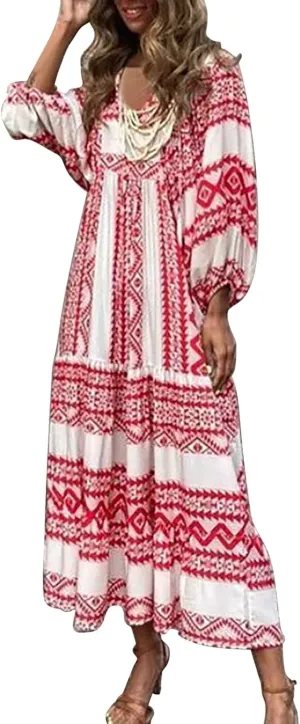 Womens Spring Long Sleeve Maxi Dress Floral Elegant V Neck A Line Tiered Flowy Wedding Guest Beach Vacation Party Dresses