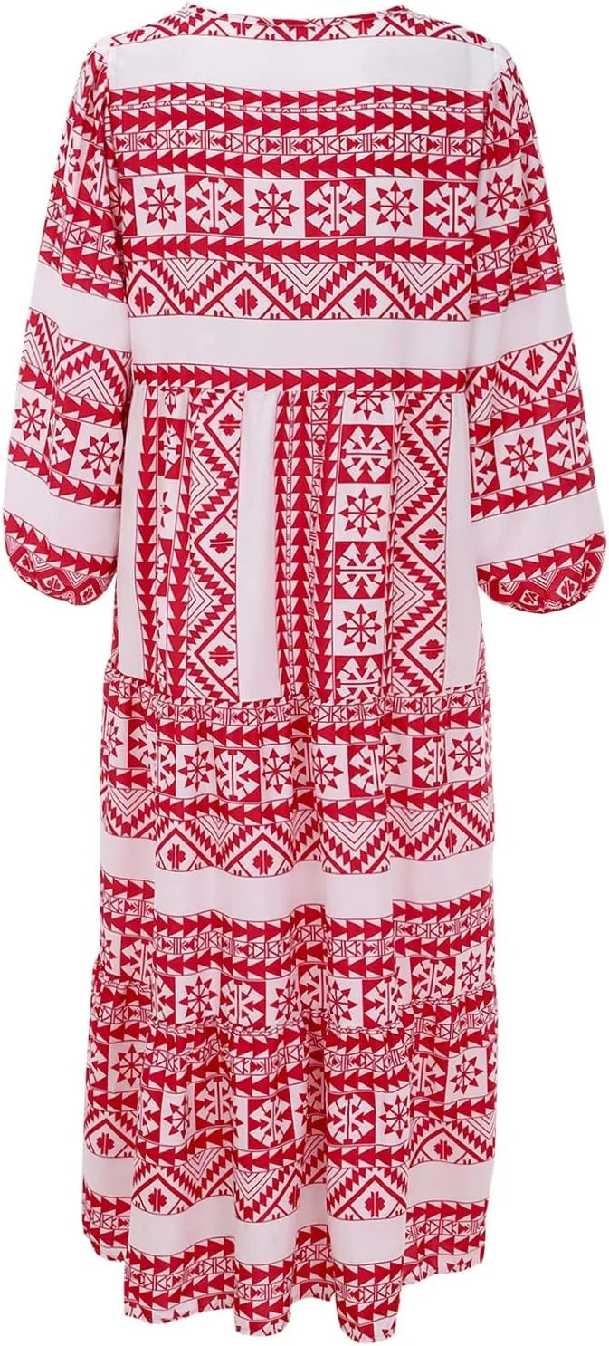 Womens Spring Long Sleeve Maxi Dress Floral Elegant V Neck A Line Tiered Flowy Wedding Guest Beach Vacation Party Dresses