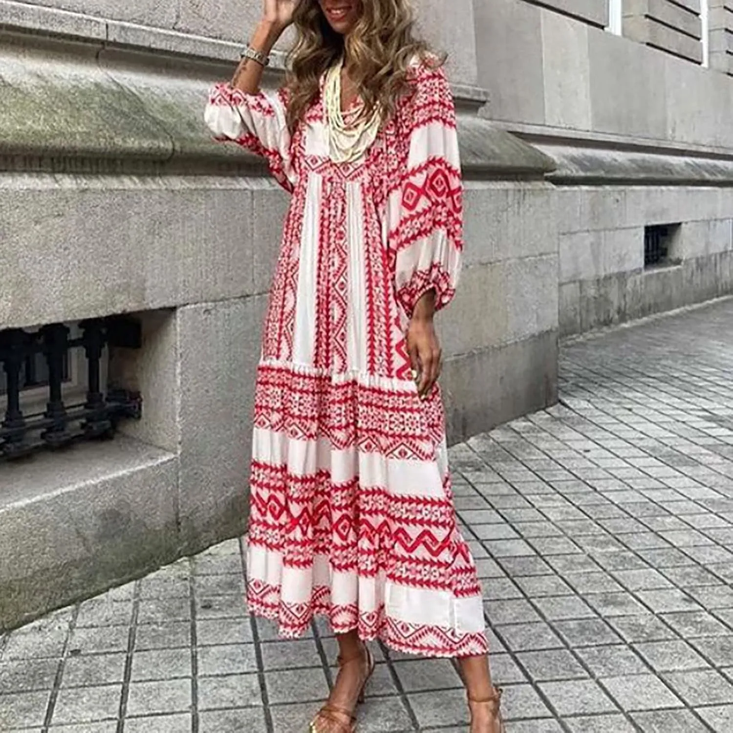 Womens Spring Long Sleeve Maxi Dress Floral Elegant V Neck A Line Tiered Flowy Wedding Guest Beach Vacation Party Dresses
