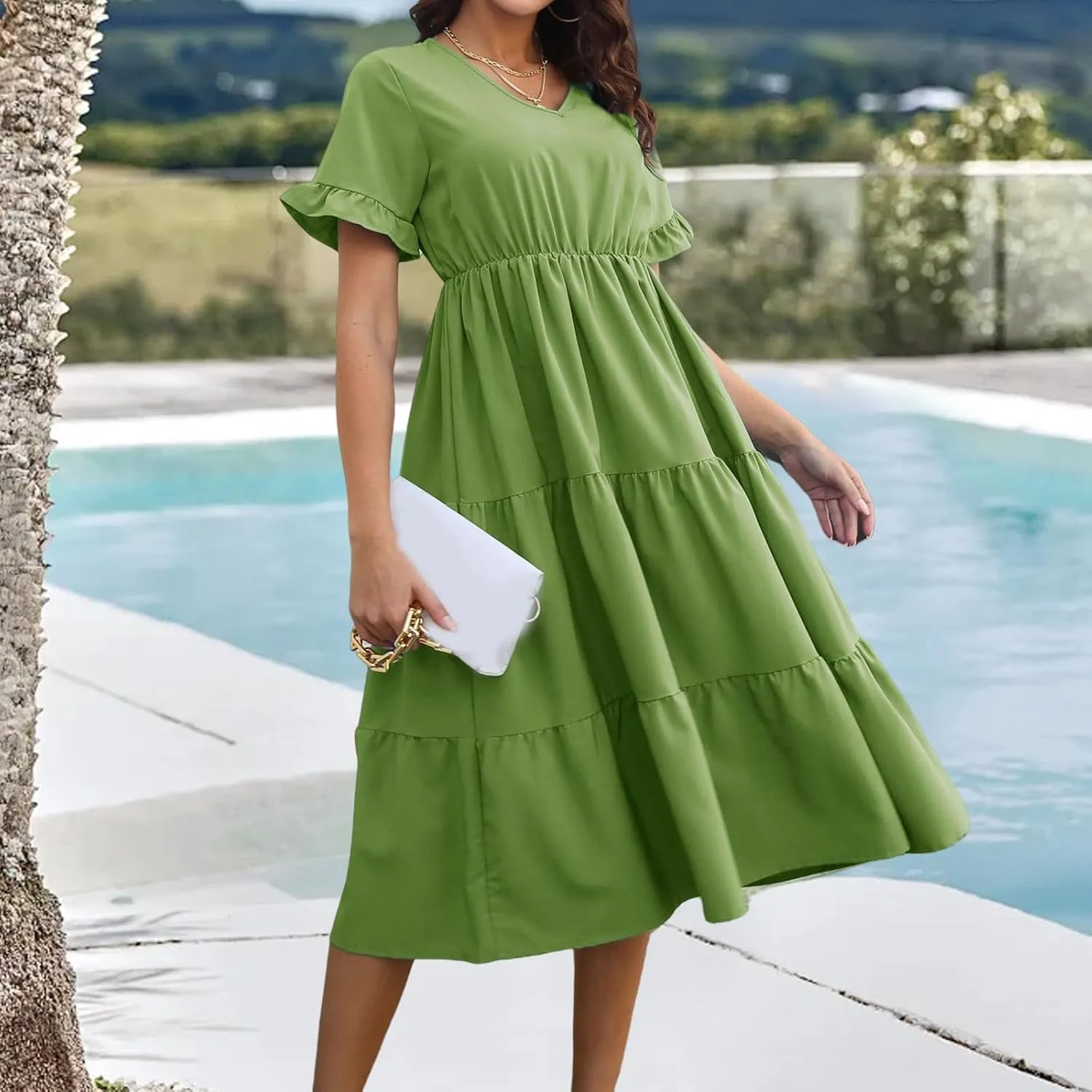 Women's Summer Dresses Casual V Neck Ruffle Short Sleeve Midi Dress Trendy Loose Fit Tunic Ruffle Hem Beach Sundress