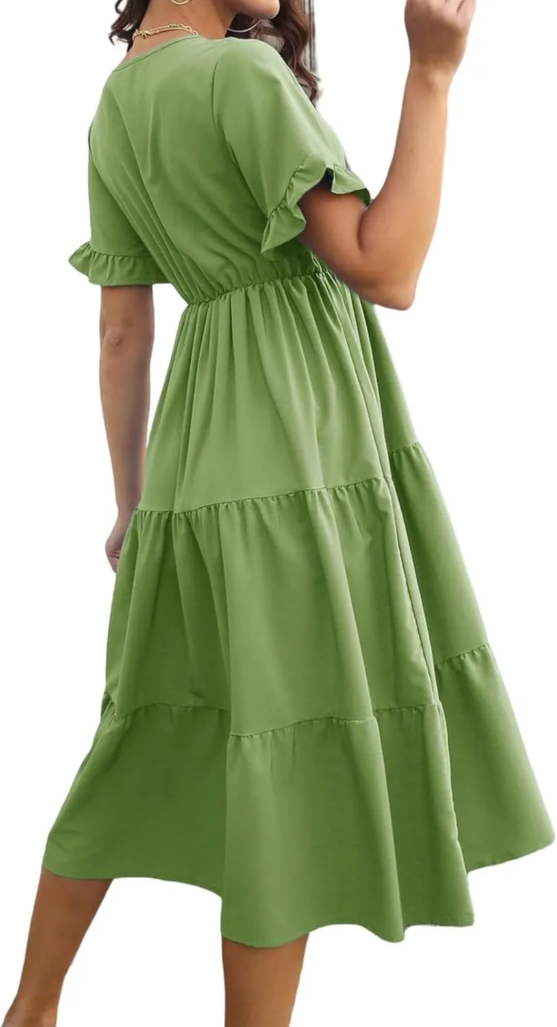 Women's Summer Dresses Casual V Neck Ruffle Short Sleeve Midi Dress Trendy Loose Fit Tunic Ruffle Hem Beach Sundress