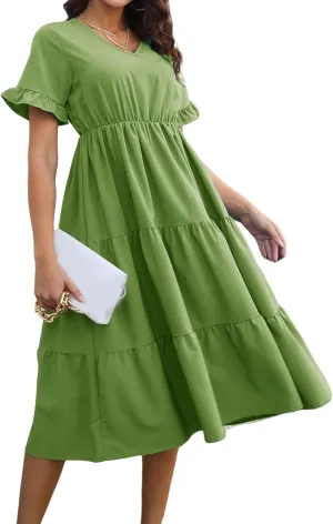 Women's Summer Dresses Casual V Neck Ruffle Short Sleeve Midi Dress Trendy Loose Fit Tunic Ruffle Hem Beach Sundress