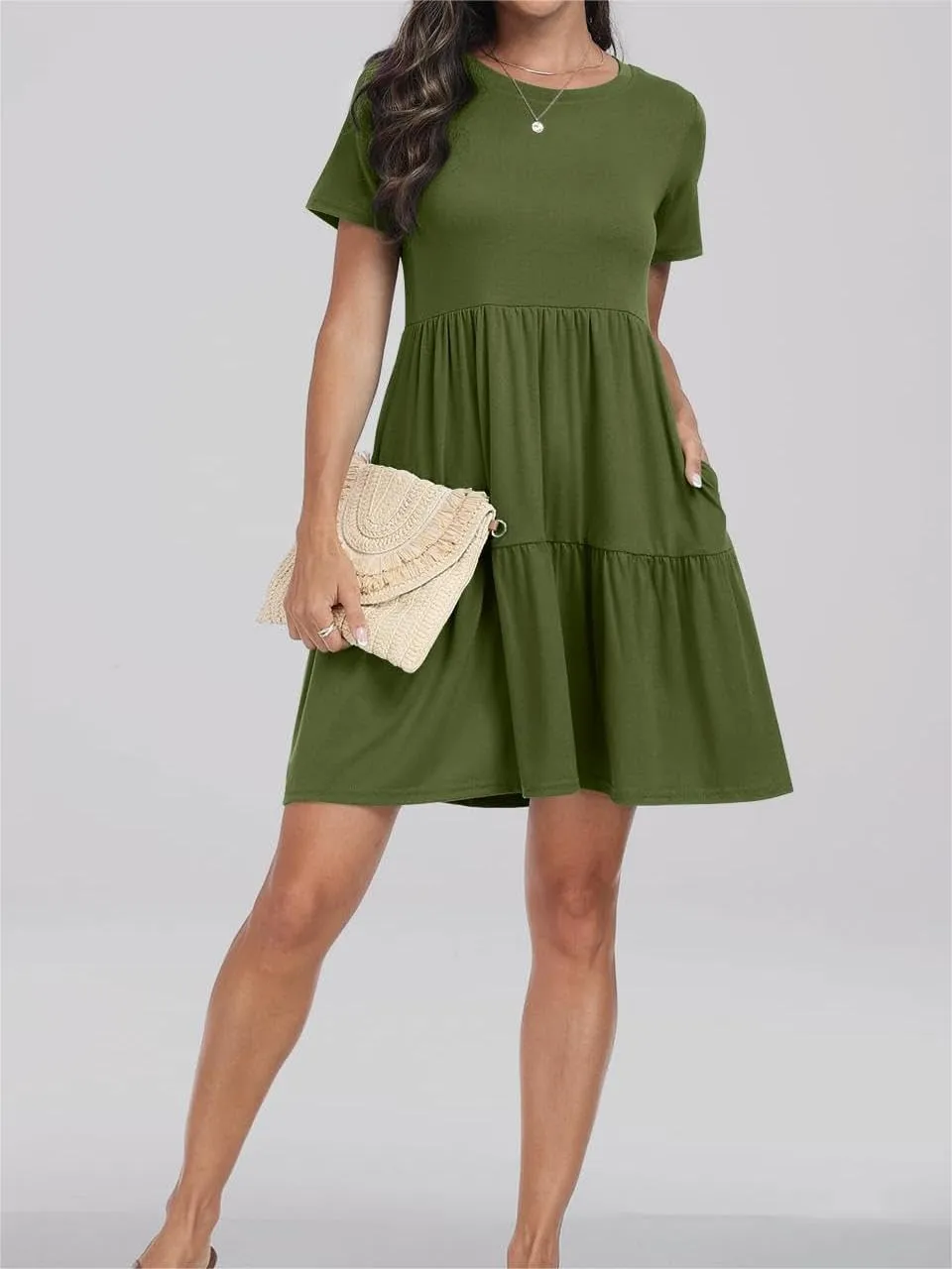 Women's Summer Dresses Crewneck Short Sleeve Mini Dress Waist Tiered A-Line Pleated Swing Dresses with Pockets