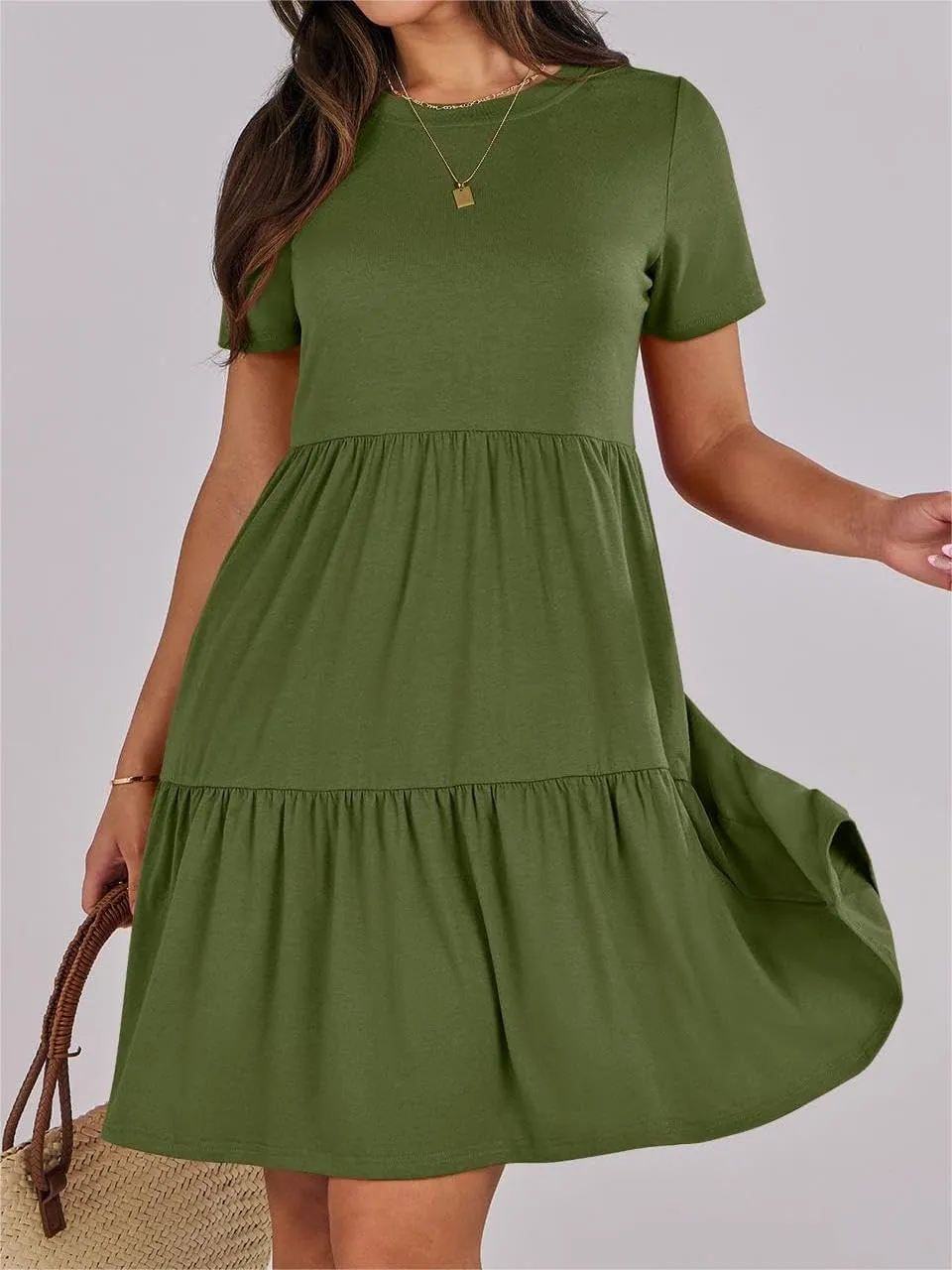 Women's Summer Dresses Crewneck Short Sleeve Mini Dress Waist Tiered A-Line Pleated Swing Dresses with Pockets