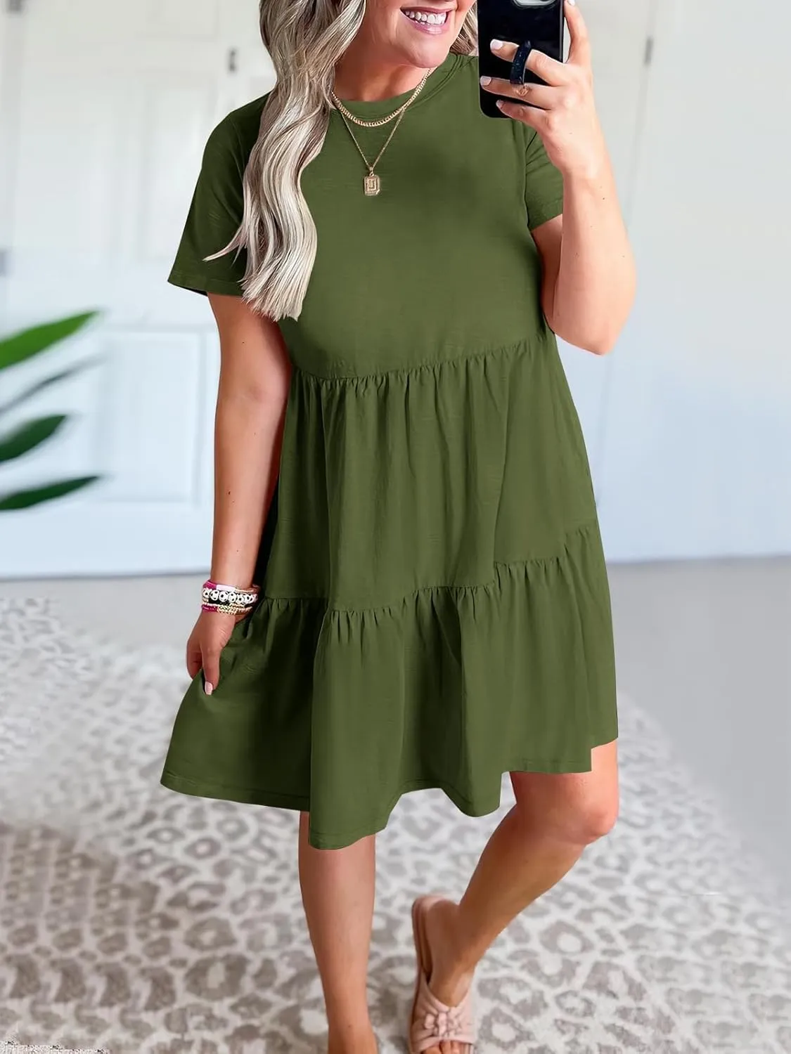 Women's Summer Dresses Crewneck Short Sleeve Mini Dress Waist Tiered A-Line Pleated Swing Dresses with Pockets