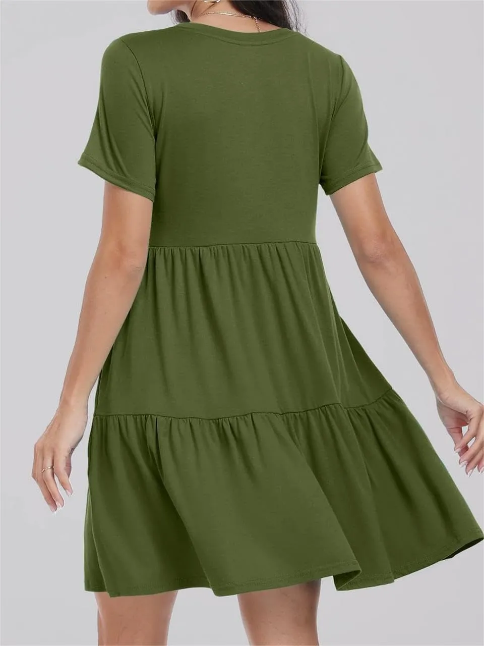 Women's Summer Dresses Crewneck Short Sleeve Mini Dress Waist Tiered A-Line Pleated Swing Dresses with Pockets