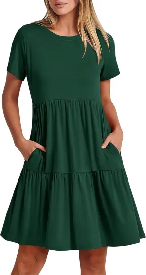 Women's Summer Dresses Crewneck Short Sleeve Mini Dress Waist Tiered A-Line Pleated Swing Dresses with Pockets