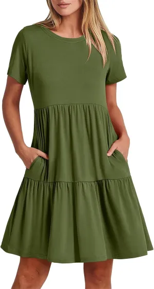 Women's Summer Dresses Crewneck Short Sleeve Mini Dress Waist Tiered A-Line Pleated Swing Dresses with Pockets